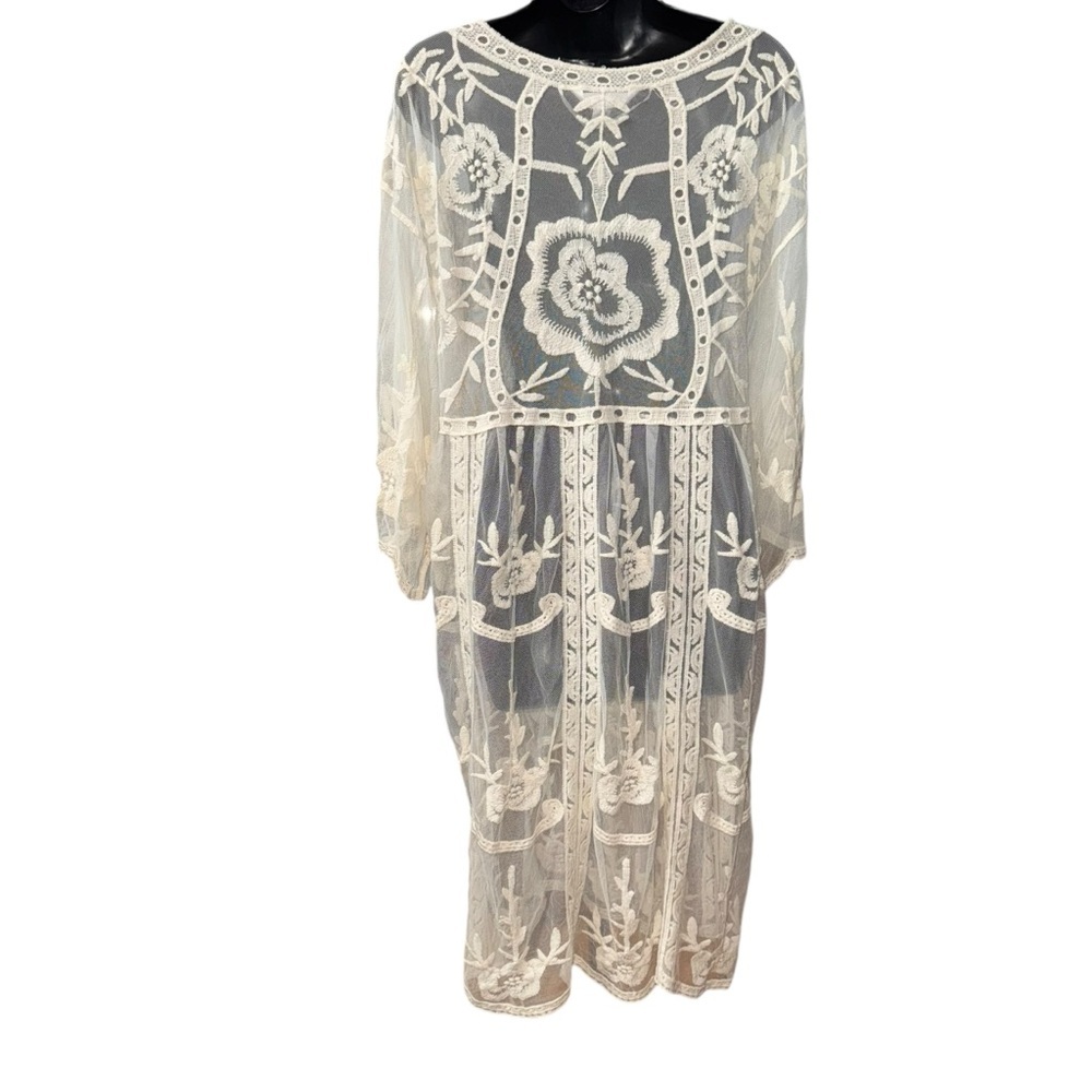 Lauren Conrad Embroidered Sheer Kimono Duster One Size Ivory Boho Chic - Picture 3 of 5